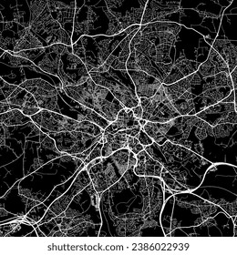1:1 relación de aspecto cuadrado hoja de ruta vectorial de la ciudad de Leeds en el Reino Unido con caminos blancos en un fondo negro.