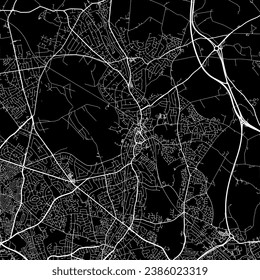 1:1 square aspect ratio vector road map of the city of Sutton Coldfield in the United Kingdom with white roads on a black background.
