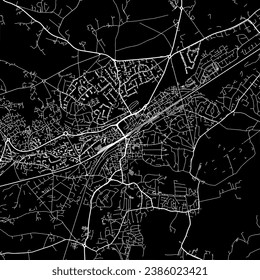 1:1 quadratisches Seitenverhältnis, Vektorkarte der Stadt Woking im Vereinigten Königreich mit weißen Straßen auf schwarzem Hintergrund.