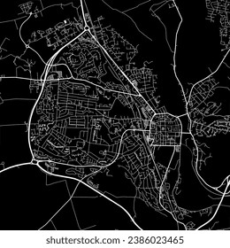 1:1 square aspect ratio vector road map of the city of Perth in the United Kingdom with white roads on a black background.