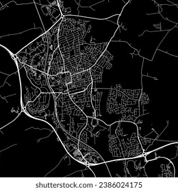 1:1 square aspect ratio vector road map of the city of Kettering in the United Kingdom with white roads on a black background.