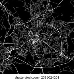 1:1 square aspect ratio vector road map of the city of Mansfield in the United Kingdom with white roads on a black background.