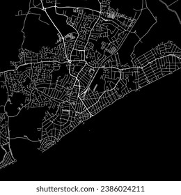 Hoja de ruta vectorial de relación de aspecto cuadrado de 1:1 de la ciudad de Clacton-on-Sea en el Reino Unido con carreteras blancas en un fondo negro.