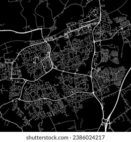 1:1 square aspect ratio vector road map of the city of Harlow in the United Kingdom with white roads on a black background.