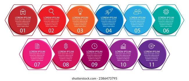 infografía de 11 pasos, diseño de círculo con varios colores interconectados, simple, texto, números e iconos, adecuado para su presentación de negocios