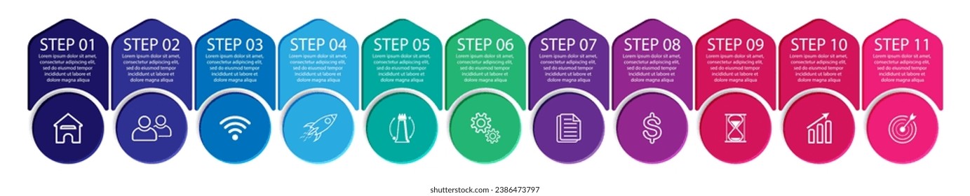 11 step infographic, circle design with various interconnected colors, simple, text, numbers and icons, suitable for your business presentation