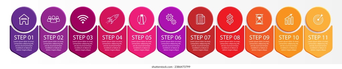 11 step infographic, circle design with various interconnected colors, simple, text, numbers and icons, suitable for your business presentation