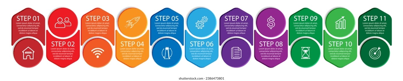 11 step infographic, circle design with various interconnected colors, simple, text, numbers and icons, suitable for your business presentation