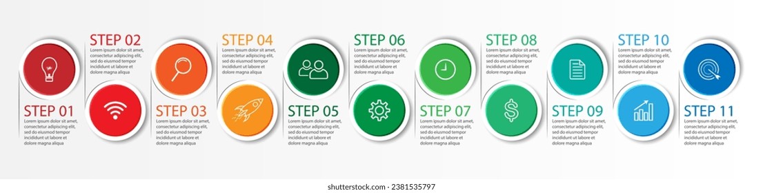 11 step infographic, simple infographic business design with related circle shapes, with lines and colors and symbols. suitable for your business presentation
