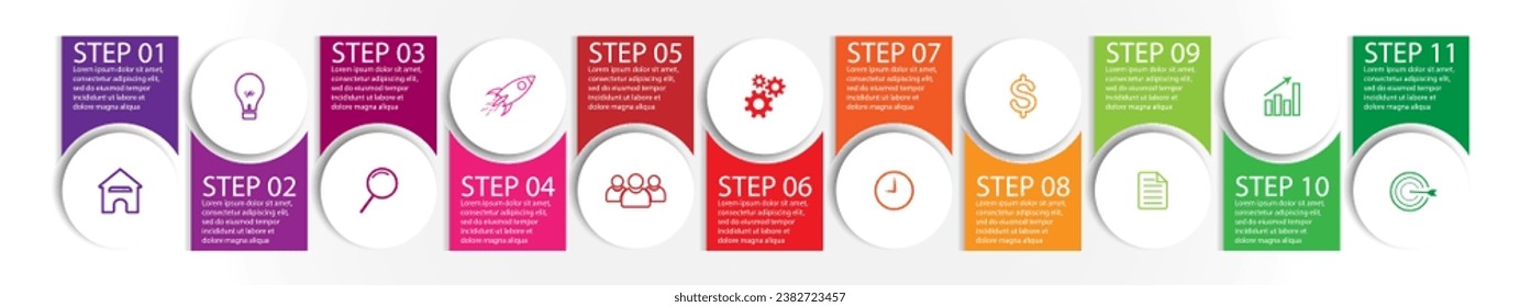 11 step infographic, simple infographic design consisting of eleven interrelated parts, circle design combined with lines, icons and colors, good for your business presentation