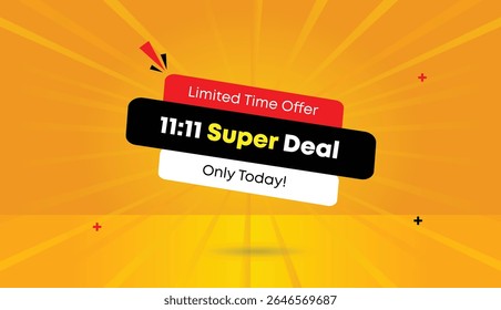11 to 11 super deal limited time offer only today web banner vector art illustration template design with red black white orange yellow shapes abstract business sun shine background unique eye catchin