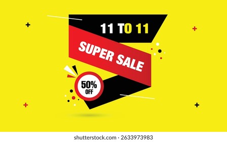11 TO 11 SUPER SALE 50% off editable vector art illustration template design black red shapes white yellow bold text yellow abstract business background elements for marketing
