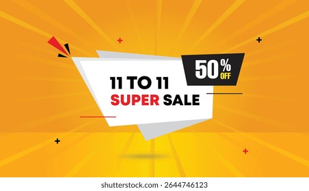 11 to 11 super sale 50% off editable web banner vector art illustration badge icon template design black white shapes orange yellow sun shine abstract background 4k vibrant eye-catching modern