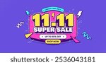 11 11 super sale promo banner with discount offer. 11 11 shopping festival super sale banner. Flash sale special offer banner for social media post or website banner. Flash sale campaign