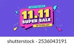 11 11 super sale promo banner with discount offer. 11 11 shopping festival super sale banner. Flash sale special offer banner for social media post or website banner. Flash sale campaign