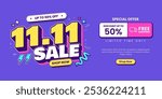 11 11 super sale promo banner with discount offer. 11 11 shopping festival super sale banner. Flash sale special offer banner for social media post or website banner. Flash sale campaign