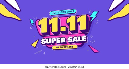 11 11 super sale promo banner with discount offer. 11 11 shopping festival super sale banner. Flash sale special offer banner for social media post or website banner. Flash sale campaign