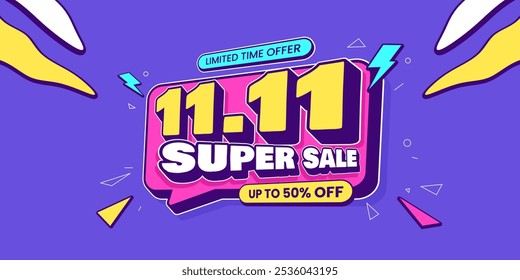 11 11 super venda promocional banner com oferta de desconto. 11 11 festival de compras super venda banner. Banner de oferta especial de venda flash para postagem de mídia social ou banner de site. Campanha de venda instantânea