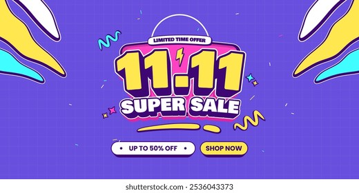 11 11 super sale promo banner with discount offer. 11 11 shopping festival super sale banner. Flash sale special offer banner for social media post or website banner. Flash sale campaign