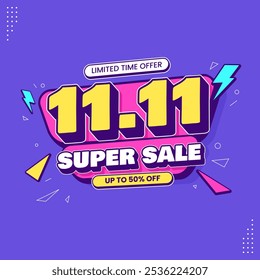11 11 super sale promo banner with discount offer. 11 11 shopping festival super sale banner. Flash sale special offer banner for social media post or website banner. Flash sale campaign