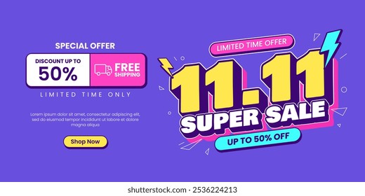 11 11 super sale promo banner with discount offer. 11 11 shopping festival super sale banner. Flash sale special offer banner for social media post or website banner. Flash sale campaign