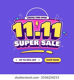 11 11 super venda promocional banner com oferta de desconto. 11 11 festival de compras super venda banner. Banner de oferta especial de venda flash para postagem de mídia social ou banner de site. Campanha de venda instantânea