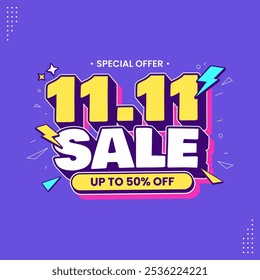 11 11 super sale promo banner with discount offer. 11 11 shopping festival super sale banner. Flash sale special offer banner for social media post or website banner. Flash sale campaign