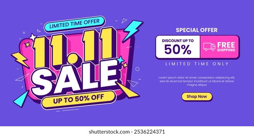 11 11 super sale promo banner with discount offer. 11 11 shopping festival super sale banner. Flash sale special offer banner for social media post or website banner. Flash sale campaign