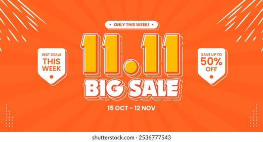 11 11 super sale promo banner with discount offer. 11 11 shopping festival super sale banner. Flash sale special offer banner for social media post or website banner. Flash sale campaign