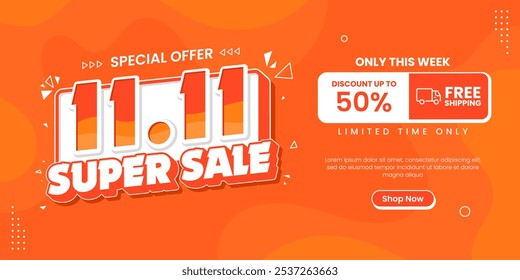 11 11 super sale promo banner with discount offer. 11 11 shopping festival big sale banner. Flash sale special offer banner for social media post or website banner. Flash sale campaign