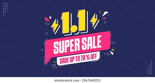 1.1 super sale promo banner with discount offer. 1.1 discount flash sale background. Flash sale special offer banner for social media post or website banner. Flash sale campaign