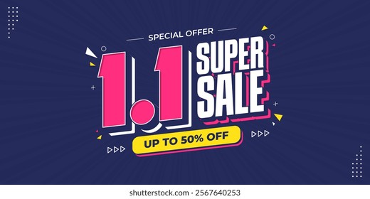 1.1 super sale promo banner with discount offer. 1.1 discount flash sale background. Flash sale special offer banner for social media post or website banner. Flash sale campaign