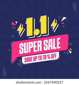 1.1 super sale promo banner with discount offer. 1.1 discount flash sale background. Flash sale special offer banner for social media post or website banner. Flash sale campaign