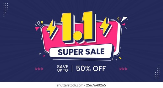 1.1 super sale promo banner with discount offer. 1.1 discount flash sale background. Flash sale special offer banner for social media post or website banner. Flash sale campaign