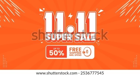 11 11 super sale promo banner with discount offer. 11 11 shopping festival super sale banner. Flash sale special offer banner for social media post or website banner. Flash sale campaign