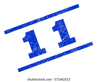 11 watermark stamp. Text tag between parallel lines with grunge design style. Rotated rubber seal stamp with unclean texture. Vector blue ink imprint on a white background.