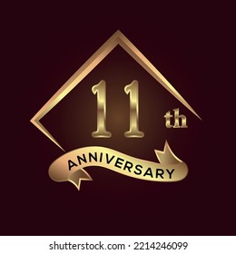 11 year anniversary celebration. Anniversary logo with square and elegance golden colour isolated on red background, vector design for celebration, invitation card, and greeting card