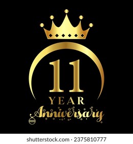11 year anniversary celebration. Anniversary logo with crown and golden color vector illustration.
