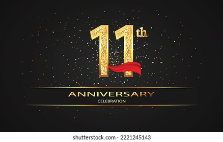 11 Year Anniversary celebration Vector Design with red ribbon and glitter. 11th Anniversary celebration. Gold Luxury Banner of 11th Anniversary. celebration card