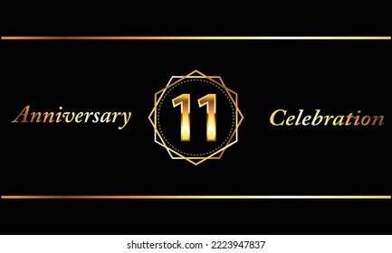 11 Year Anniversary celebration Vector Design with gold hexagonal shape. 11 Anniversary celebration. Gold Luxury Banner of 11th Anniversary celebration.
