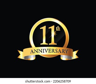 11 year anniversary logo celebration with ring and ribbon. 11th Anniversary celebration. Gold Luxury Banner of 11th Anniversary celebration. eleventh celebration card. Vector anniversary
