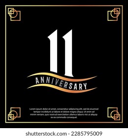 11 year anniversary logo design white golden abstract on black background with golden frame template illustration