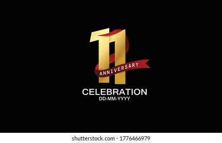 11 year anniversary red ribbon celebration logotype. anniversary logo with Red text and Spark light gold color isolated on black background, design for celebration, invitation - vector