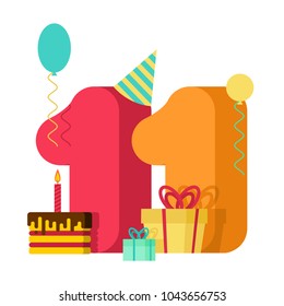 11 year greeting card Birthday. 11th anniversary celebration Template. eleven number and festive piece of cake with candle. Balloon and Gift box.
