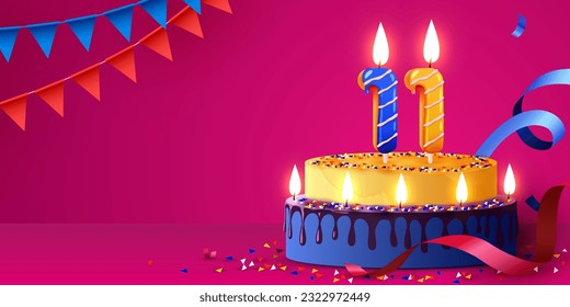 11 years anniversary. Cake with burning candles and confetti. Birthday banner. Vector illustration