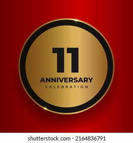 11 years anniversary celebration background. Celebrating 11th anniversary event party poster template. Vector golden circle with numbers and text on red square background. Vector illustration