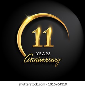 11 years anniversary celebration. Anniversary logo with ring and elegance golden color isolated on black background, vector design for celebration, invitation card, and greeting card