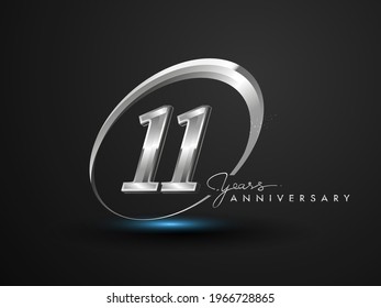 11 Years Anniversary Celebration. Anniversary logo with ring and elegance silver color isolated on black background, vector design for celebration, invitation card, and greeting card