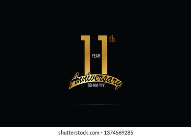 11 years anniversary celebration logotype. anniversary logo with golden Ribbons isolated on black backgrounds, for Birthdays, Invitation, Banner Card - Vector