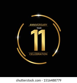 11 years anniversary celebration logotype. anniversary logo with circle golden and Spark light white color isolated on black background, vector design for celebration, invitation and greeting card